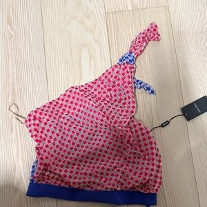 Giorgio Armani pink and blue checkered one shoulder top NWT